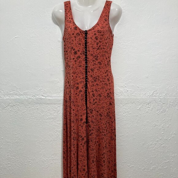 Signature 8 Floral Maxi Dress Sleeveless Tank Button Front Slit Fall Orange L - Picture 1 of 12
